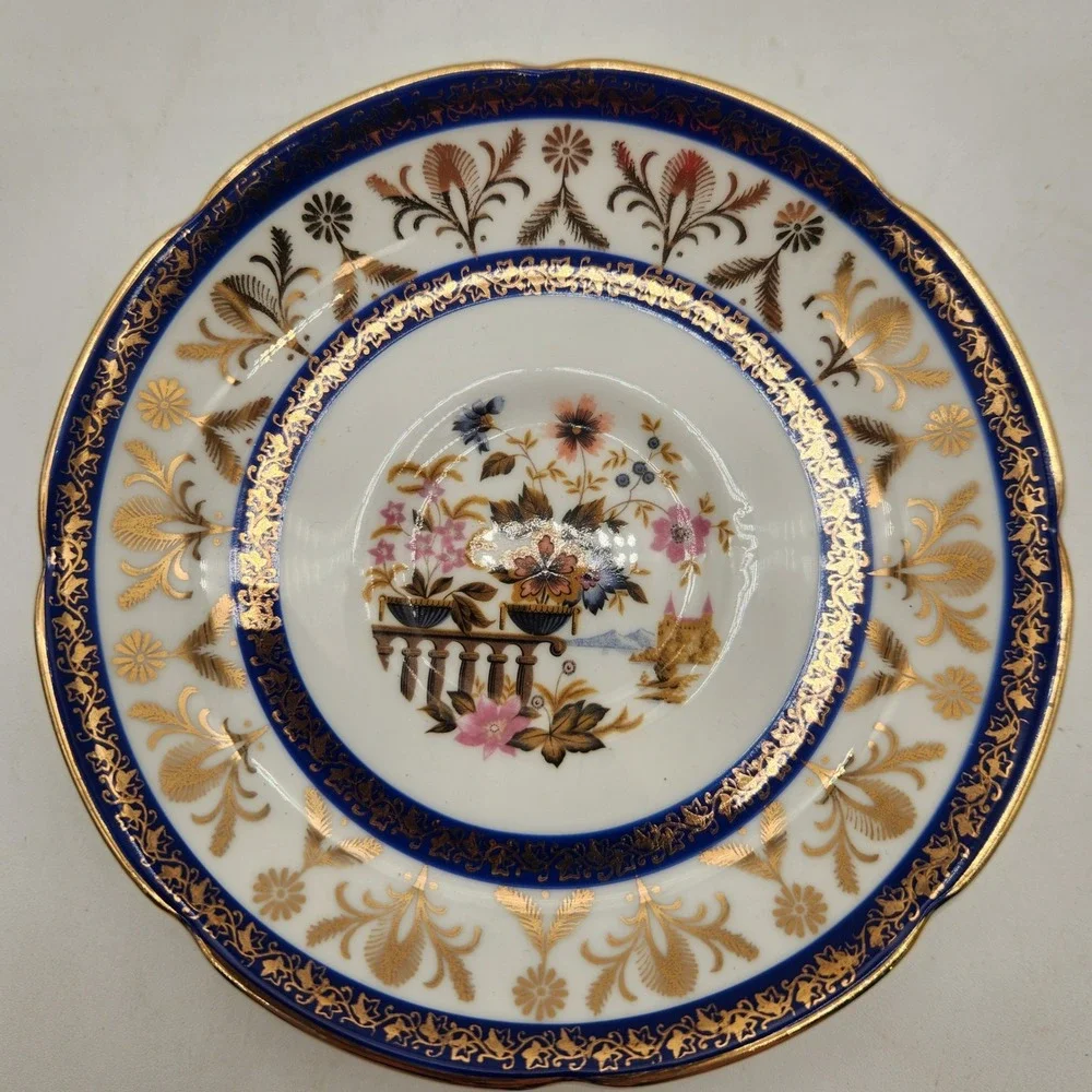 Royal Grafton Rare Fine Bone China 1840 Tea Cup Saucer Cobalt Blue Gilded Floral